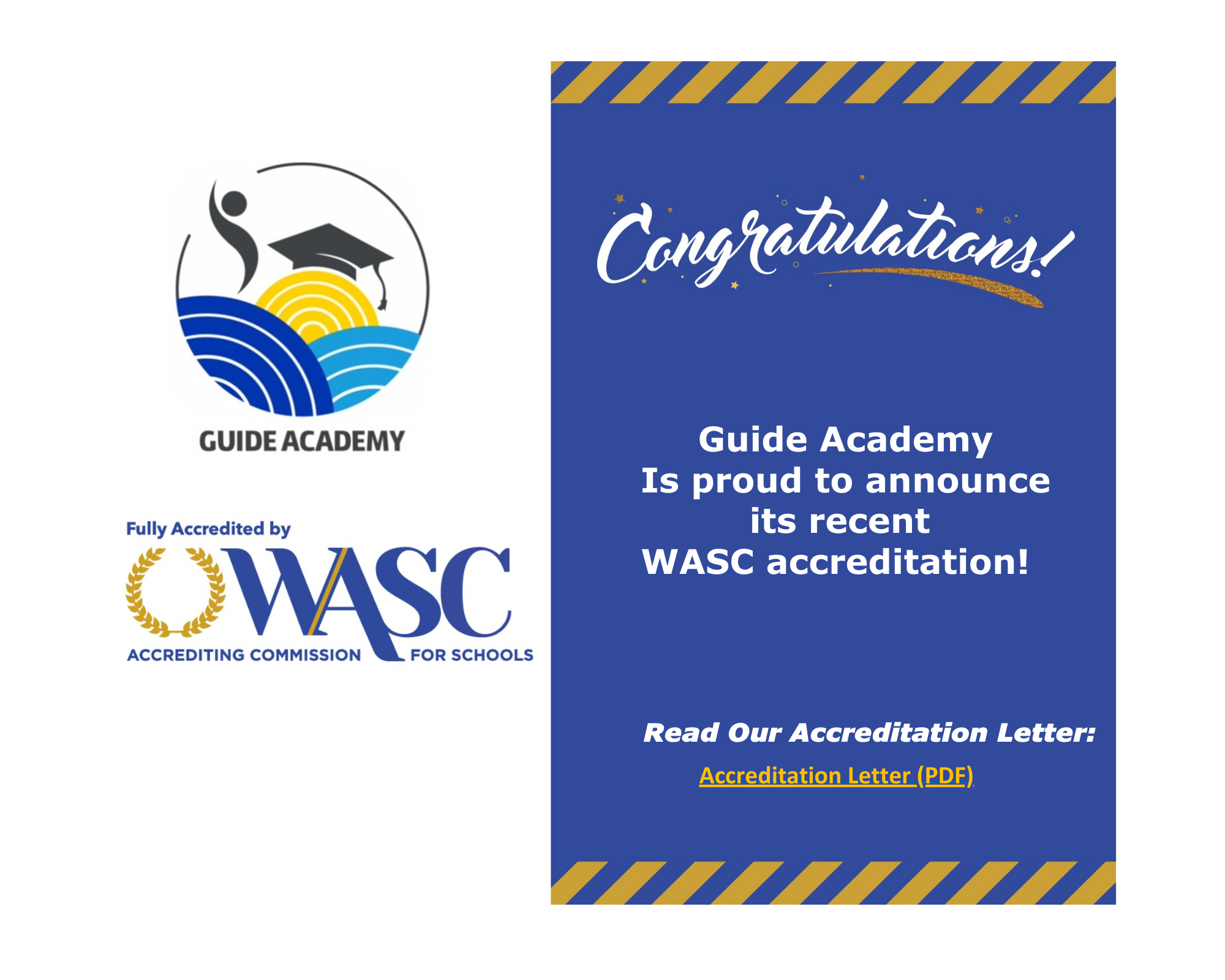 WASC accreditation congratulations, contains WASC logo and Guide Academy logo