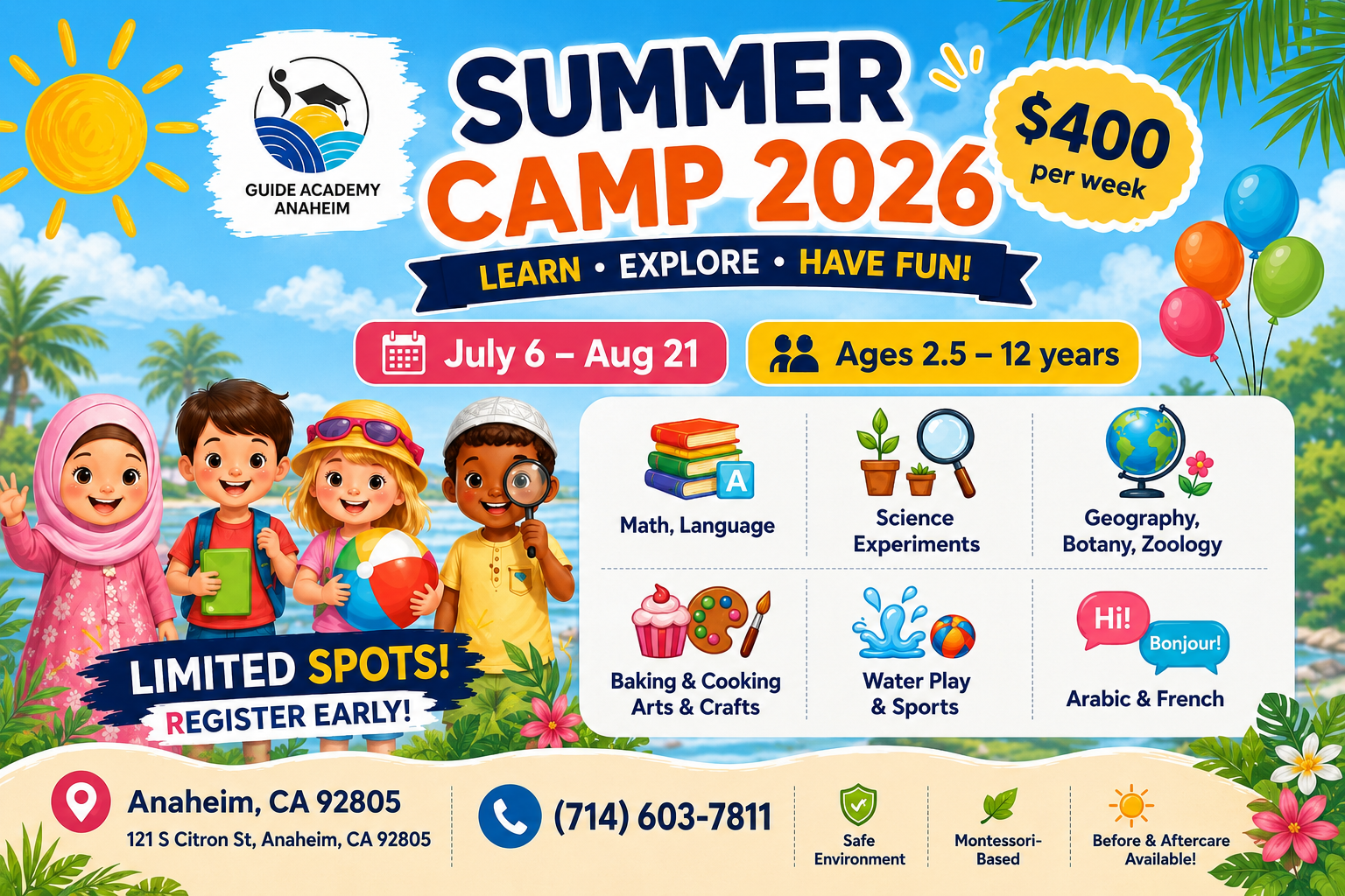 Colorful summer camp flyer for Guide Academy Montessori School featuring children, fun educational activities, sports, arts and crafts, STEM learning, outdoor games, field trips, and weekly themes. The flyer highlights Summer Camp 2026 dates, age groups, enrichment programs, and registration information in a bright and family-friendly Montessori style.